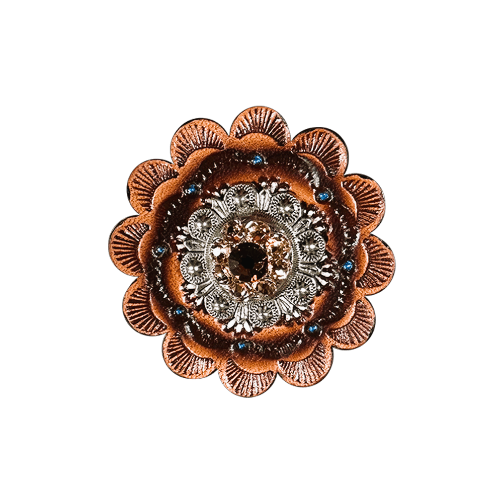 Topaz & Champagne Antique Silver 1" European Crystal Concho and Leather Rosette - RODEO DRIVE