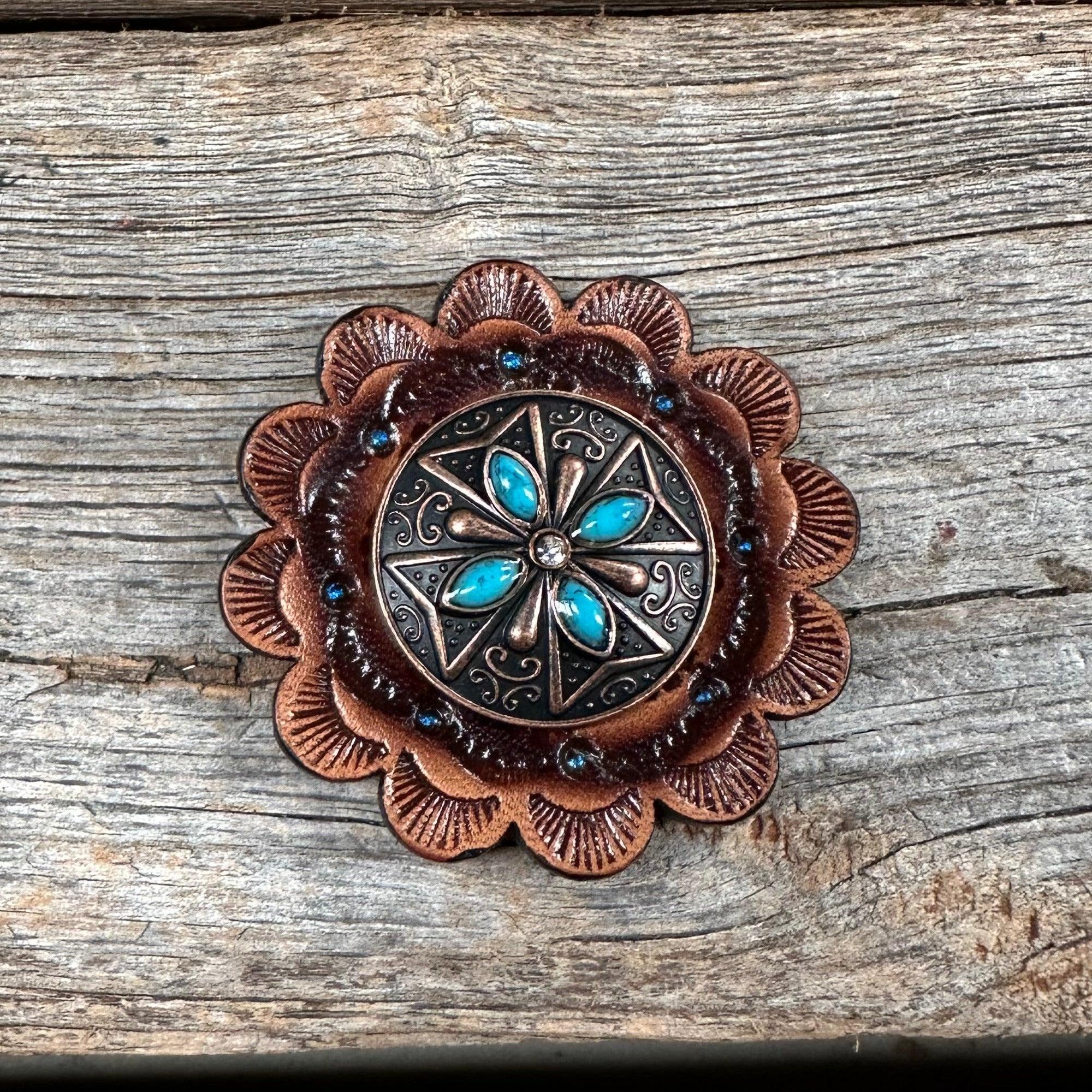 Leather Rosette with Copper Turquoise Western Concho R111W138S - RODEO DRIVE