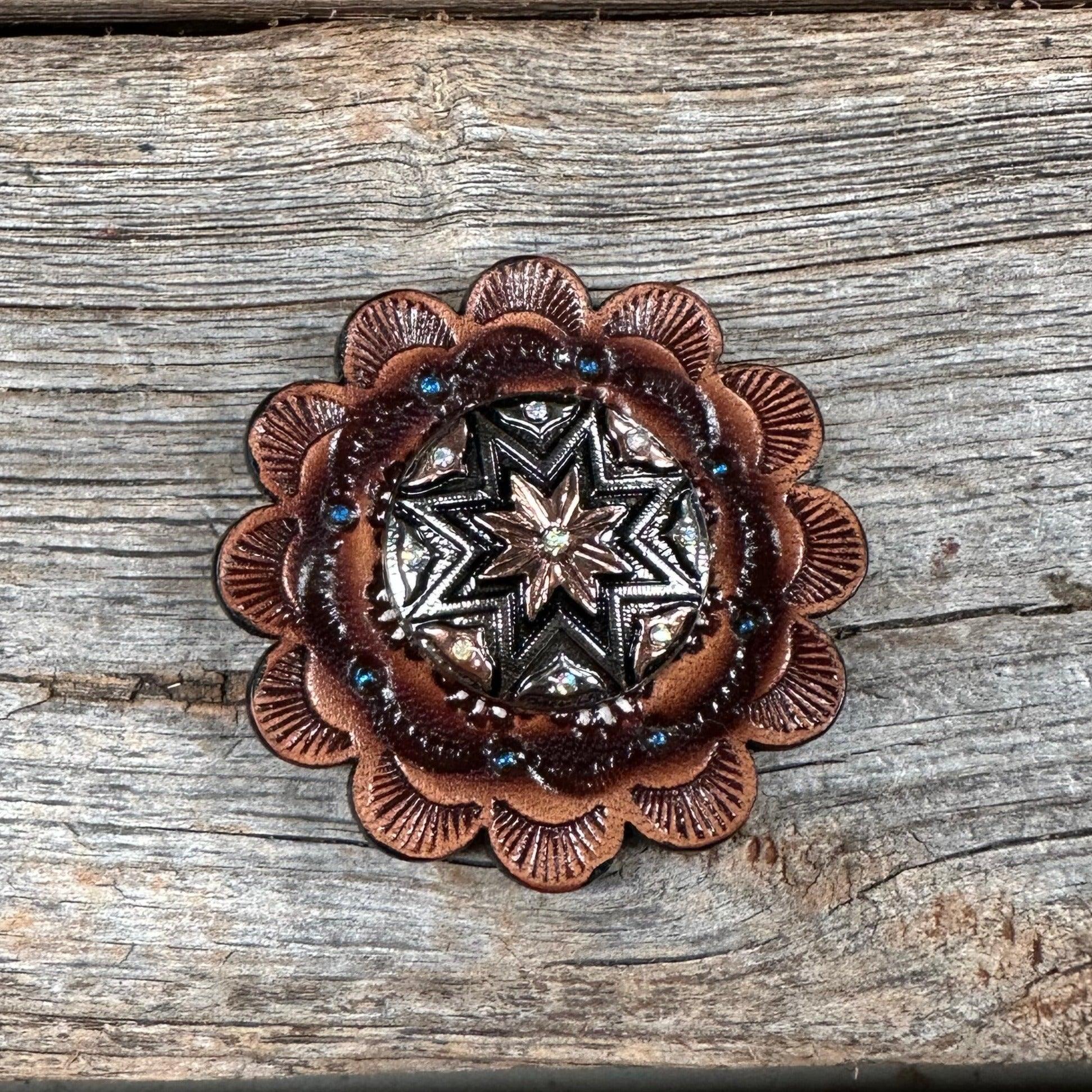 Leather Rosette with Starburst Western Concho R111W185S - RODEO DRIVE