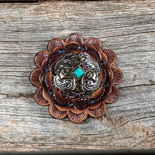 Leather Rosette with Antique Silver and Gold Cross Western Concho R111W189S - RODEO DRIVE