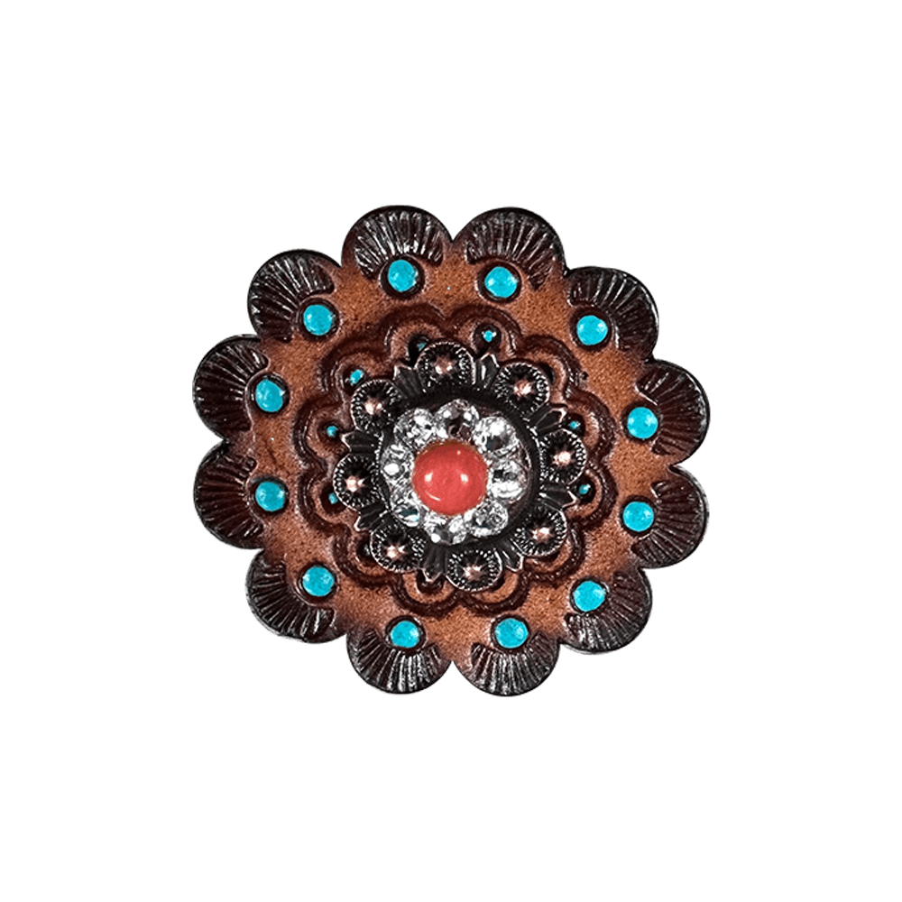 Coral & Clear Copper 1" European Crystal Concho and Leather Rosette - RODEO DRIVE