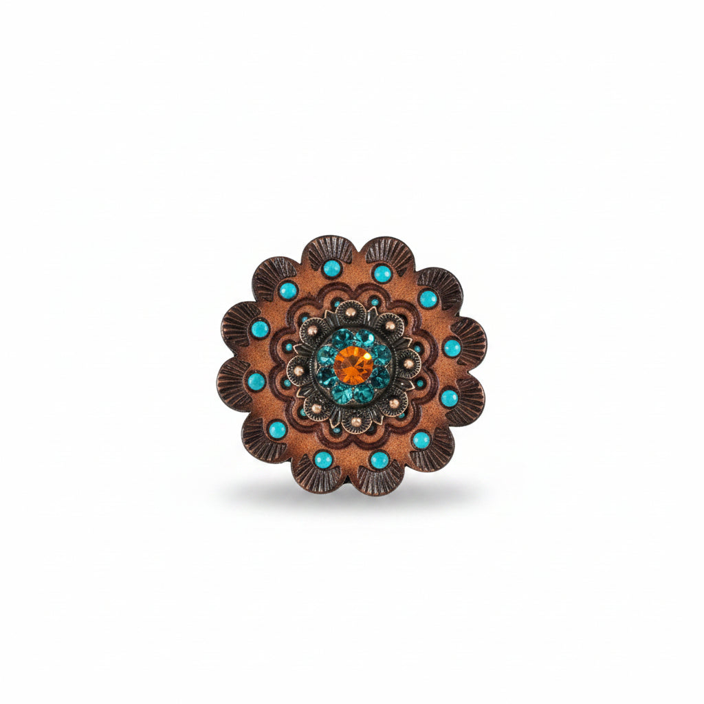 Copper Fire Opal - Teal - AB Crystal Conchos | Sizes 1"- 3" | Buckles | Saddle Set | Leather Rosettes | Slide