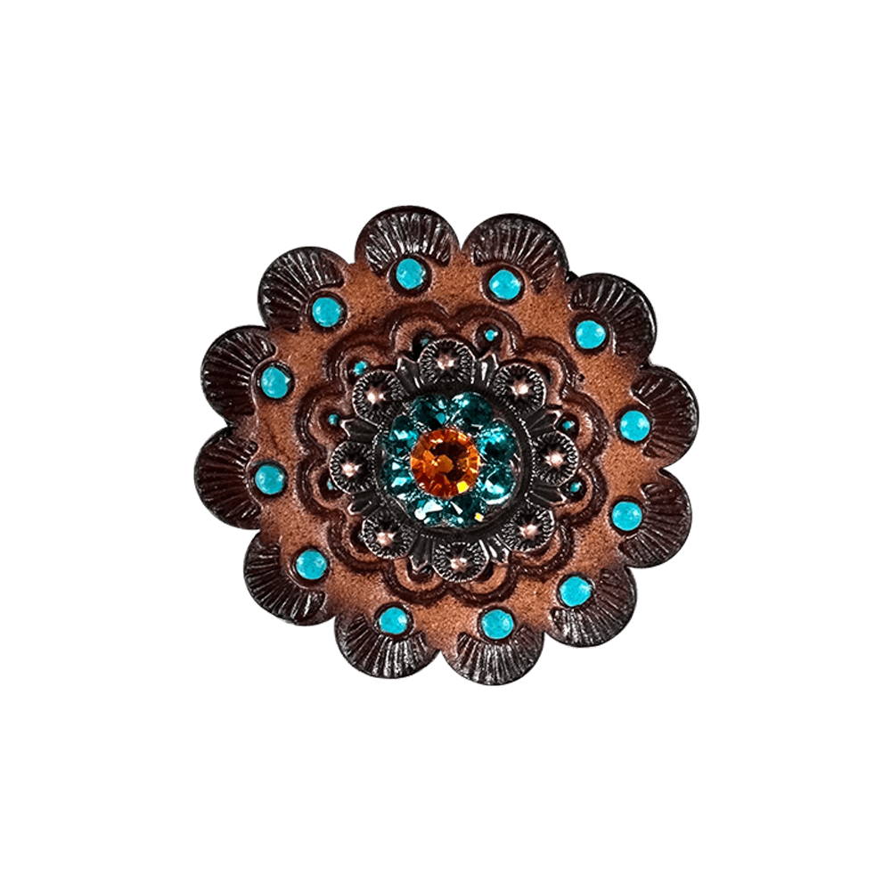 Fire Opal & Teal Copper 1" European Crystal Concho and Leather Rosette - RODEO DRIVE
