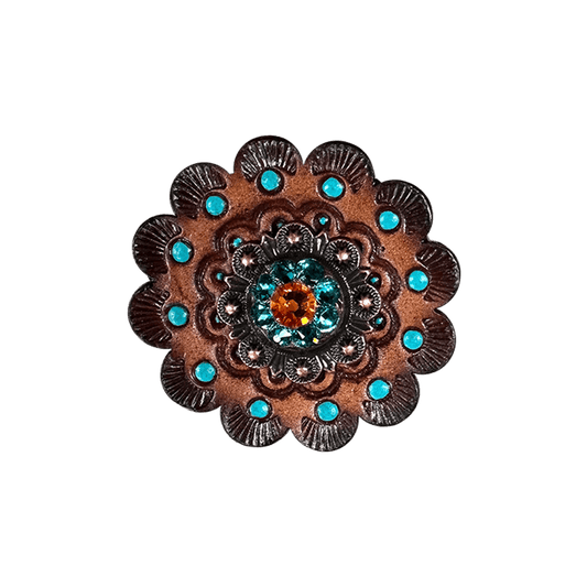 Fire Opal & Teal Copper 1" European Crystal Concho and Leather Rosette - RODEO DRIVE