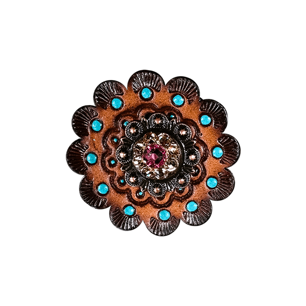 Pink & Champagne Copper 1" European Crystal Concho and Leather Rosette - RODEO DRIVE