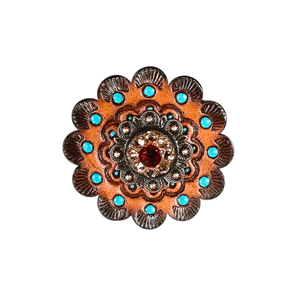 Ruby & Champagne Copper 1" European Crystal Concho and Leather Rosette - RODEO DRIVE