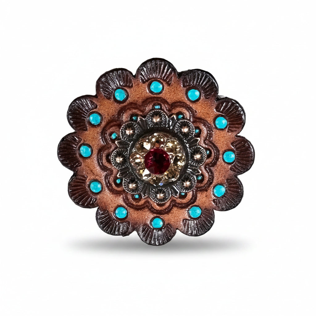 Copper Ruby - Jet - Champagne Crystal Conchos | Sizes 1"- 3" | Buckles | Saddle Set | Leather Rosettes | Slide