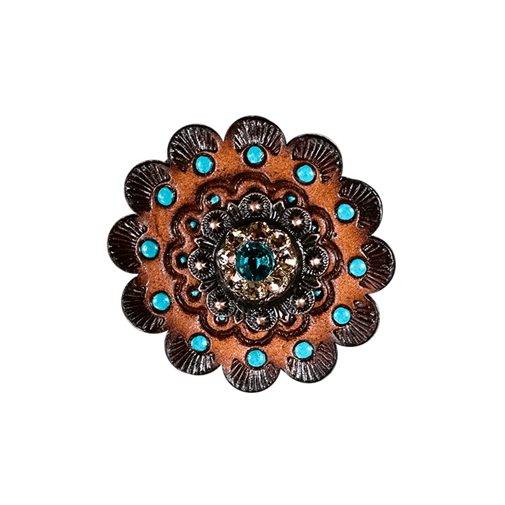 Teal & Champagne Copper 1" European Crystal Concho and Leather Rosette - RODEO DRIVE