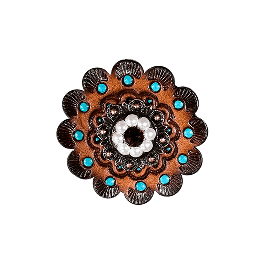 Topaz & Pearl Copper 1" European Crystal Concho and Leather Rosette - RODEO DRIVE