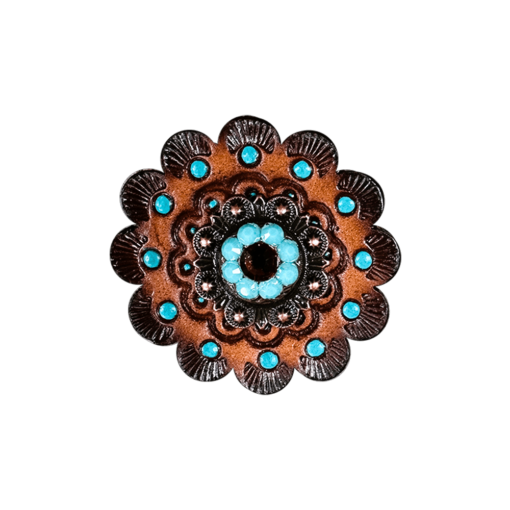 Topaz & Turquoise Copper 1" European Crystal Concho and Leather Rosette - RODEO DRIVE