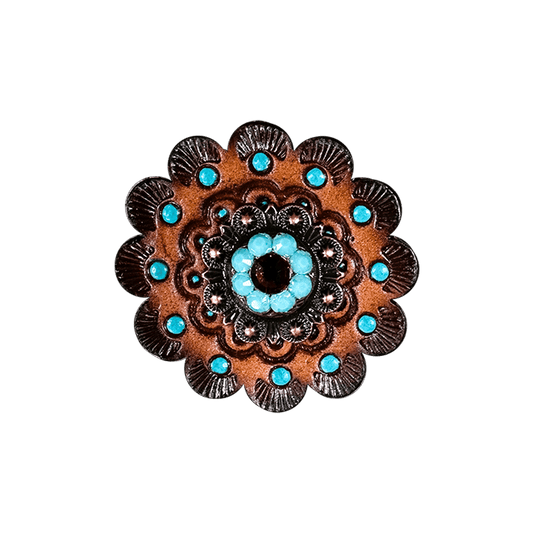 Topaz & Turquoise Copper 1" European Crystal Concho and Leather Rosette - RODEO DRIVE