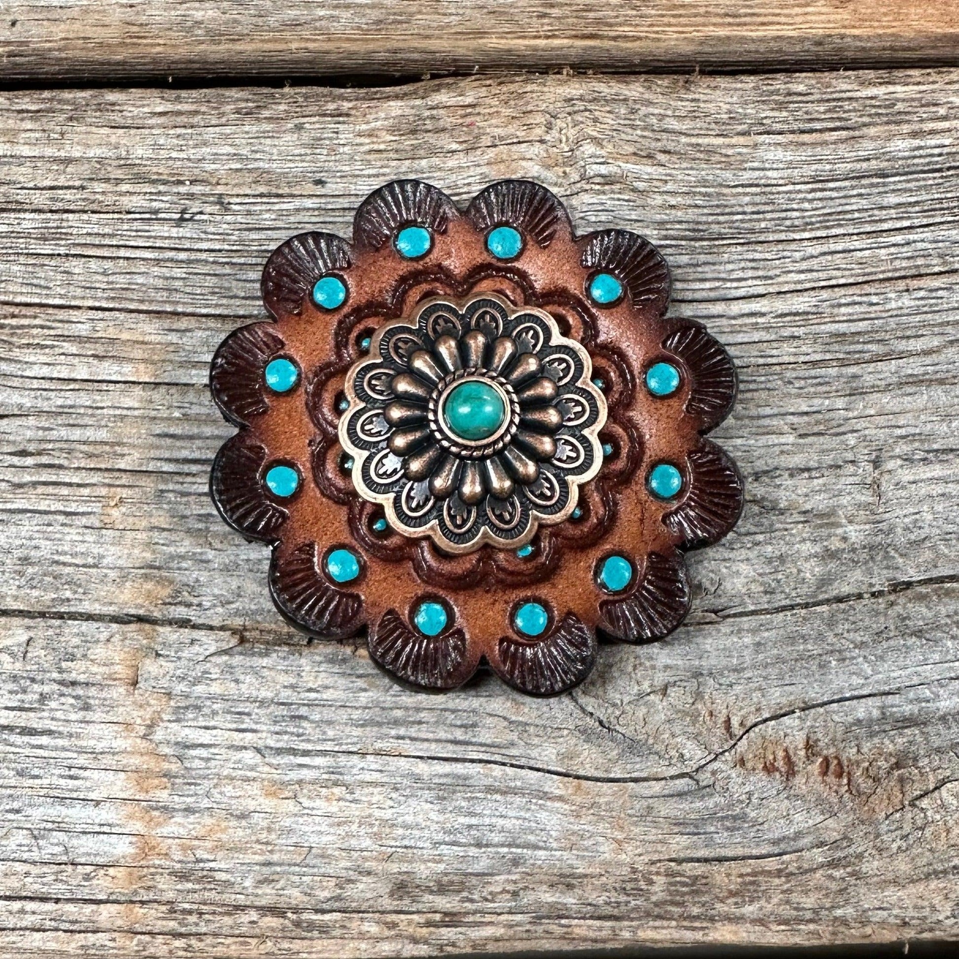 Leather Rosette Dark Oil Edges with Floral Western Concho R112W103S - RODEO DRIVE