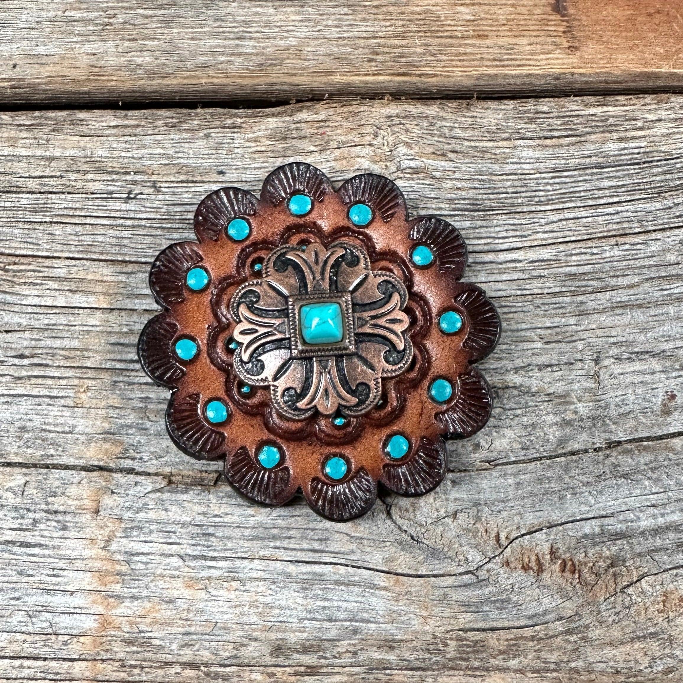 Leather Rosette Dark Oil Edges with Copper Fleur-De-Lis Western Concho R112W141S - RODEO DRIVE