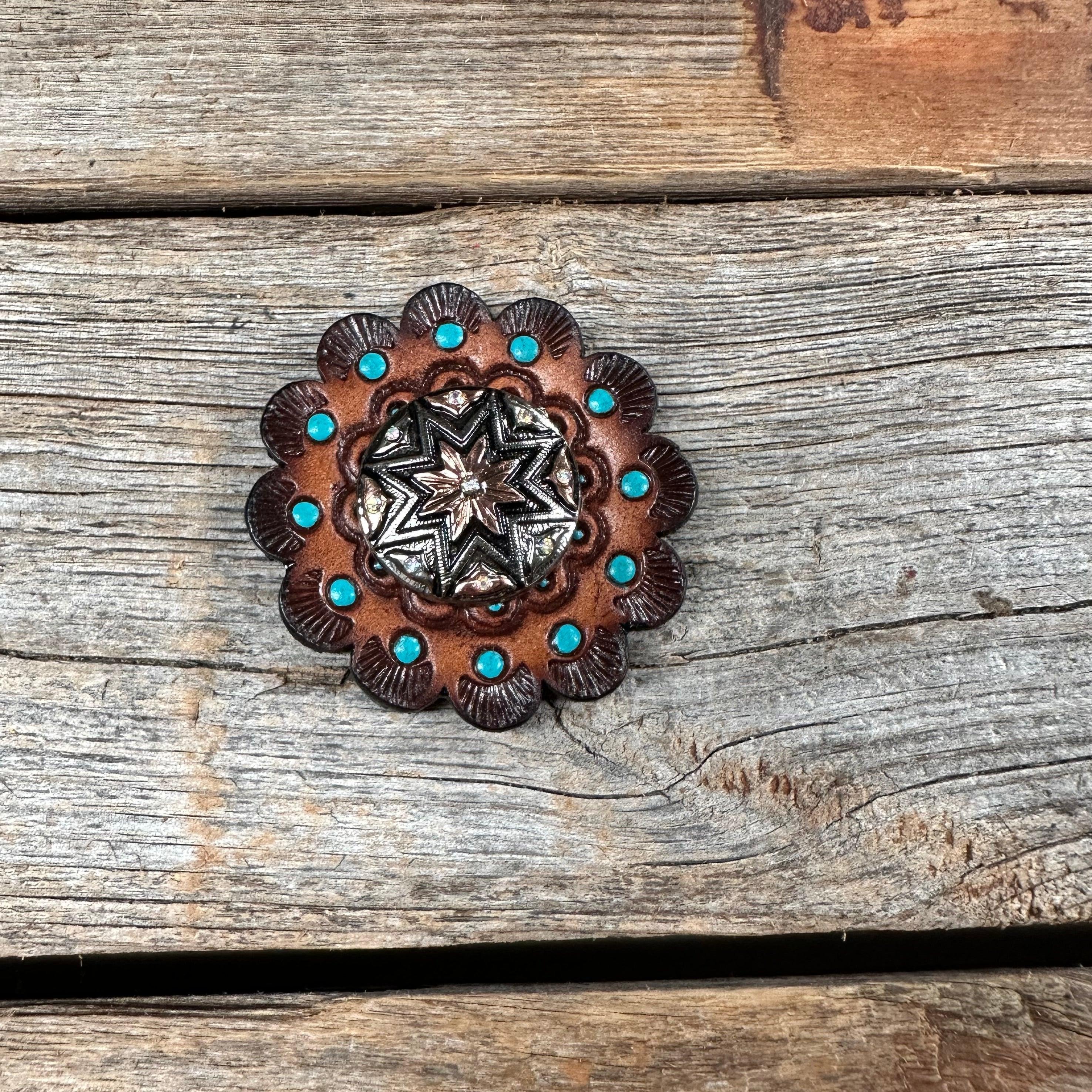 Leather Rosette Dark Oil Edges with Starburst Western Concho R112W185S - RODEO DRIVE