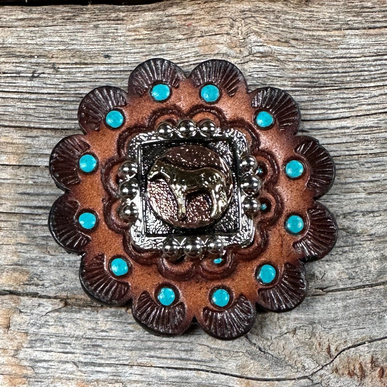 Antique Silver Square Concho with Gold Horse Western Concho W186