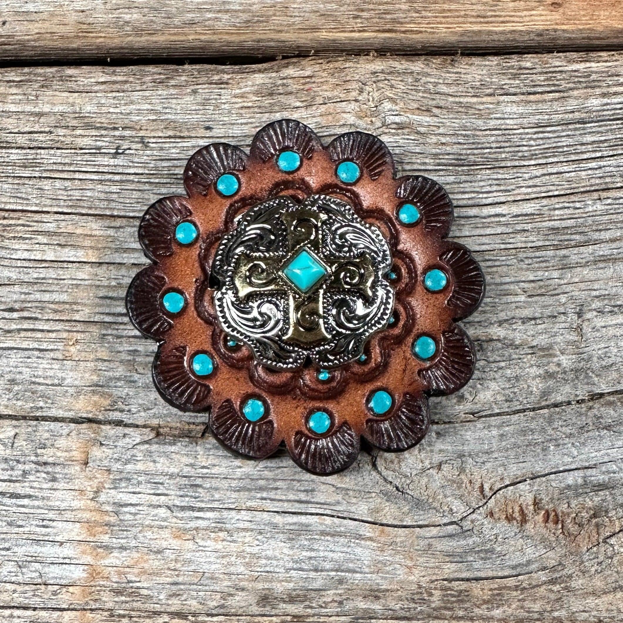 Leather Rosette Dark Oil Edges with Antique Silver and Gold cross Western Concho R112W189S - RODEO DRIVE