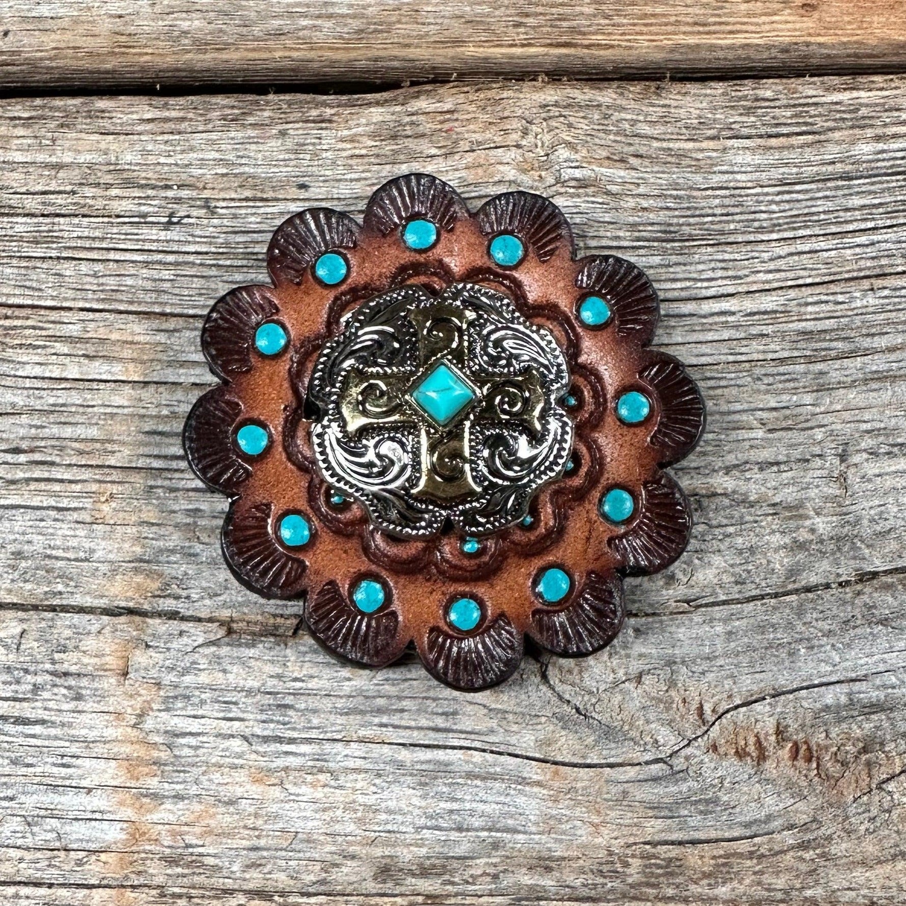 Leather Rosette Dark Oil Edges with Antique Silver and Gold cross Western Concho R112W189S - RODEO DRIVE