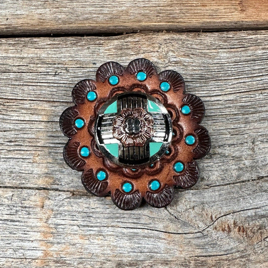 Leather Rosette Dark Oil Edges with Antique Silver and Copper Flower Western Concho R112W190S - RODEO DRIVE