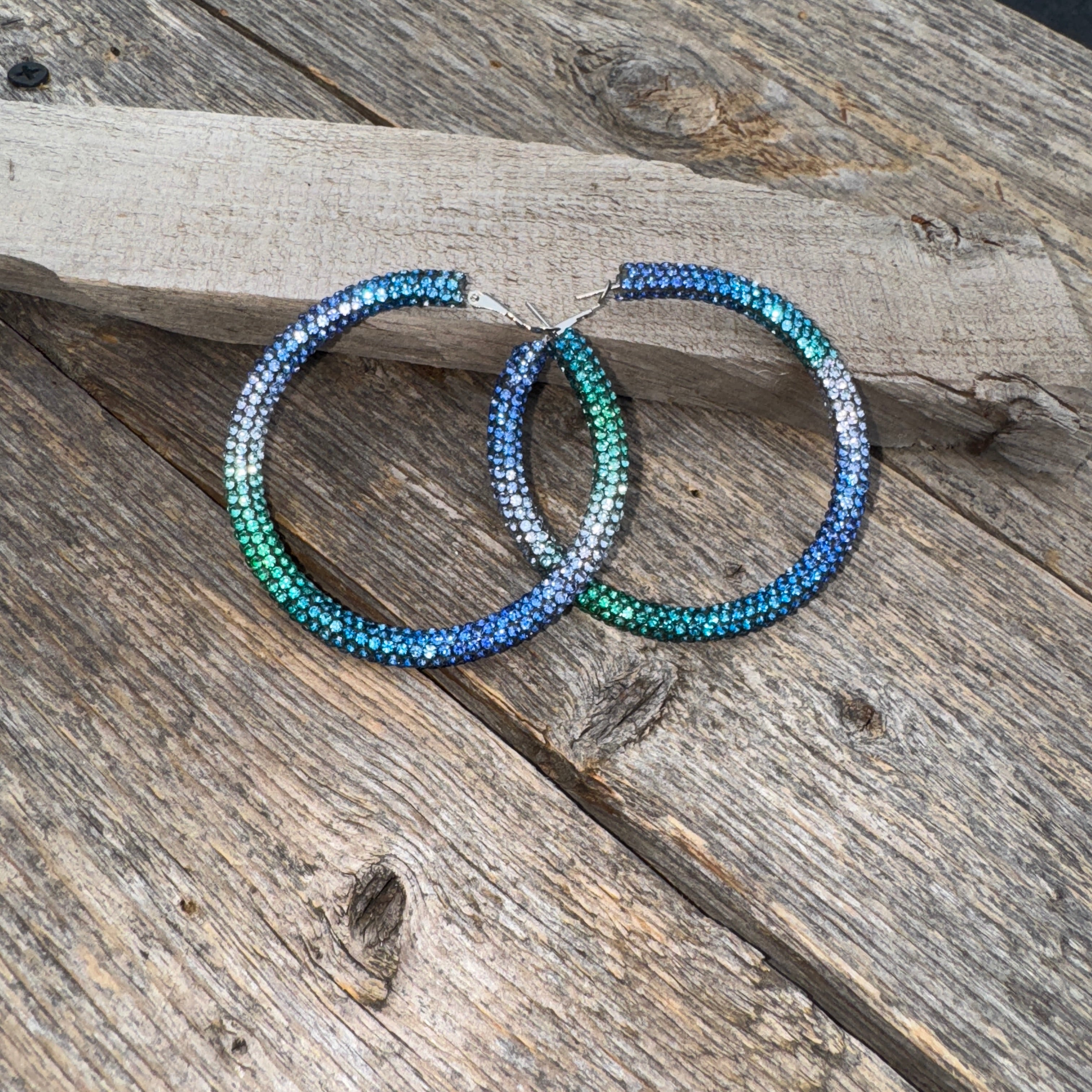 Blue, Green and Clear Western Bling Hoop Fashion Earrings
