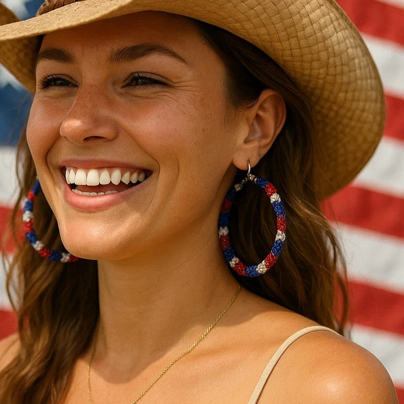 Red, White and Blue Western Bling Hoop Fashion Earrings