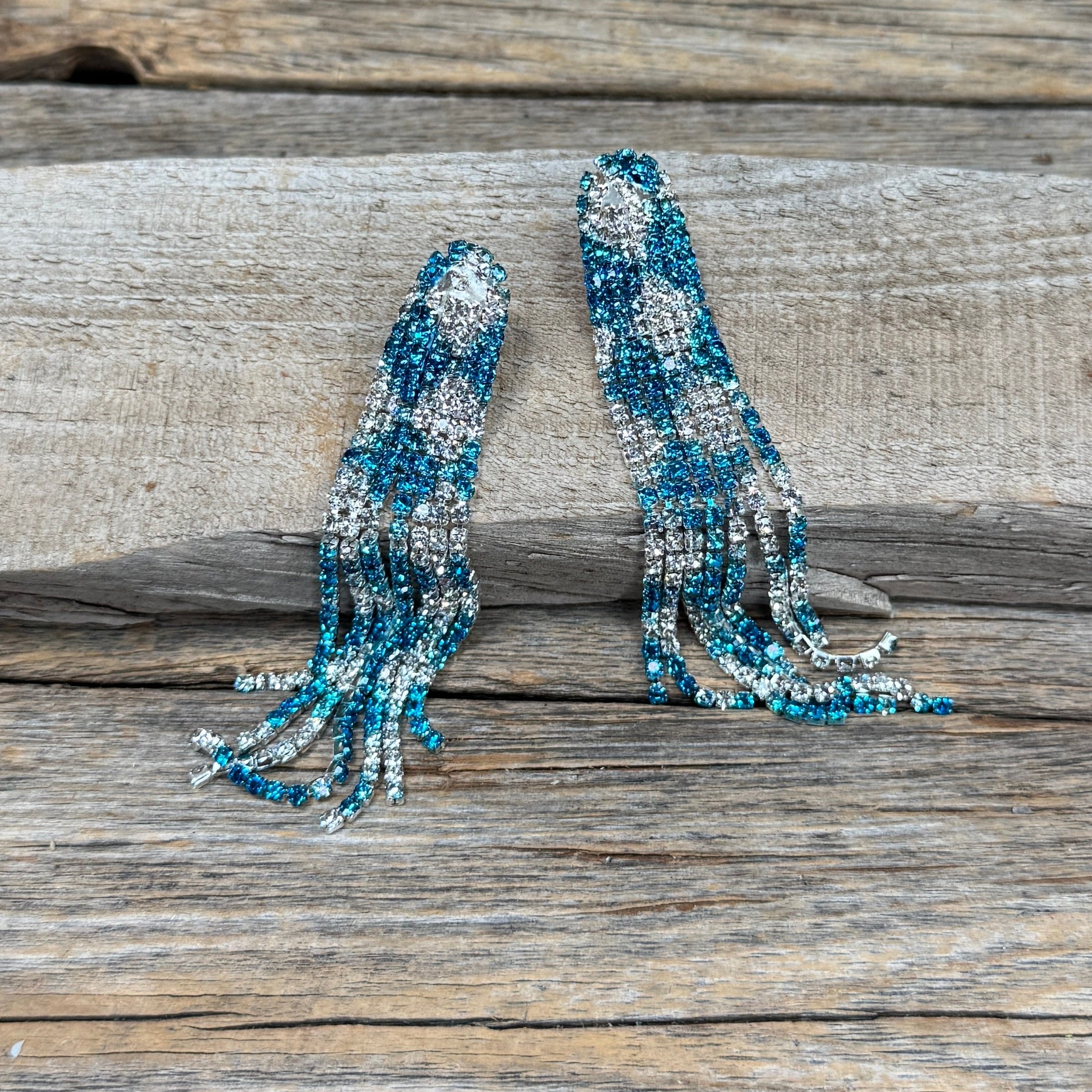 Blue and White Rodeo Inspired Rhinestone Dangle Fashion Earrings