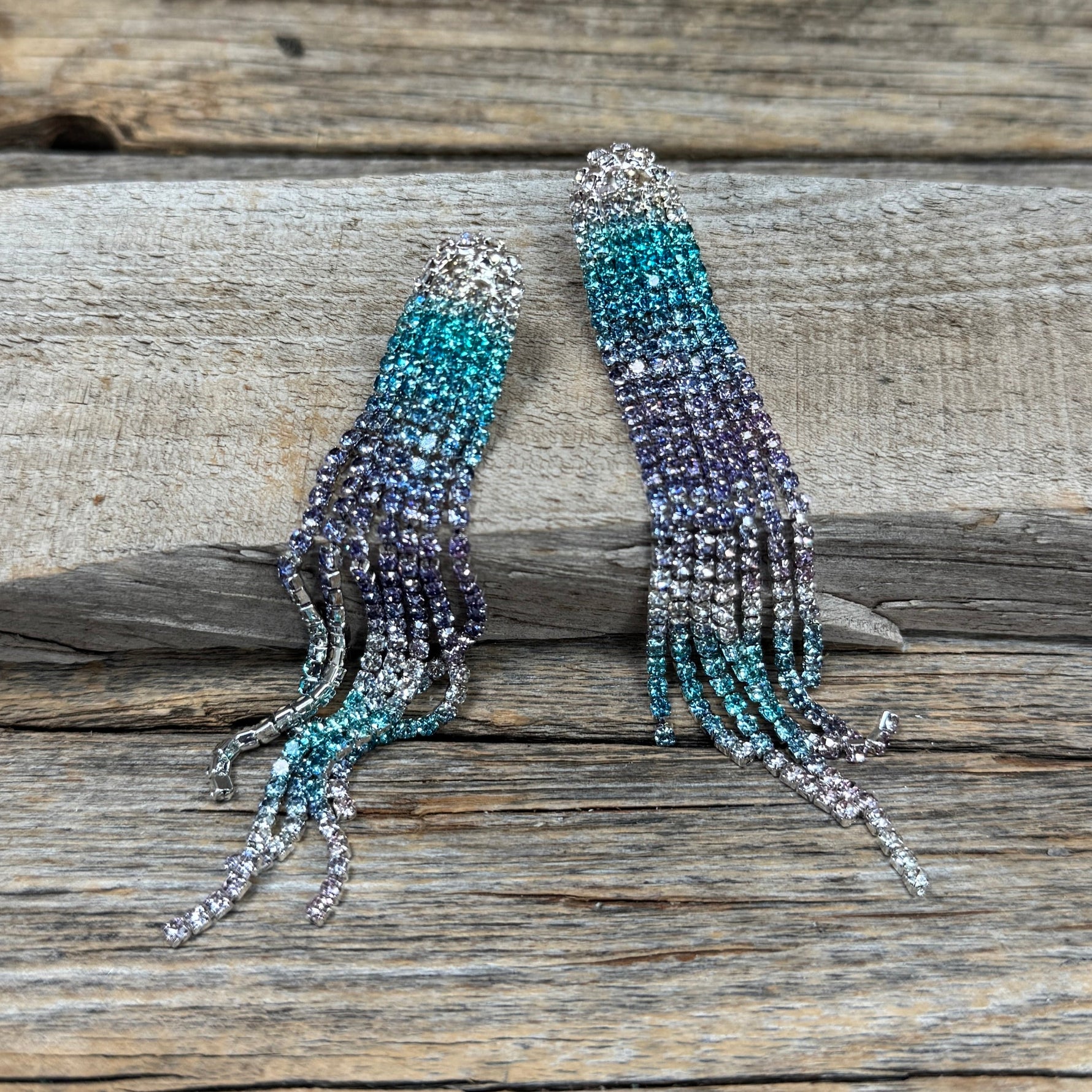 White, Blue and Purple Rodeo Inspired Rhinestone Dangle Fashion Earrings