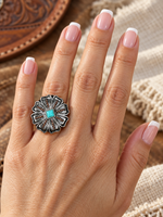 Antique Silver Flower with Copper Dots and Turquoise Western Concho Ring