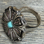 Antique Silver Flower with Copper Dots and Turquoise Western Concho Ring
