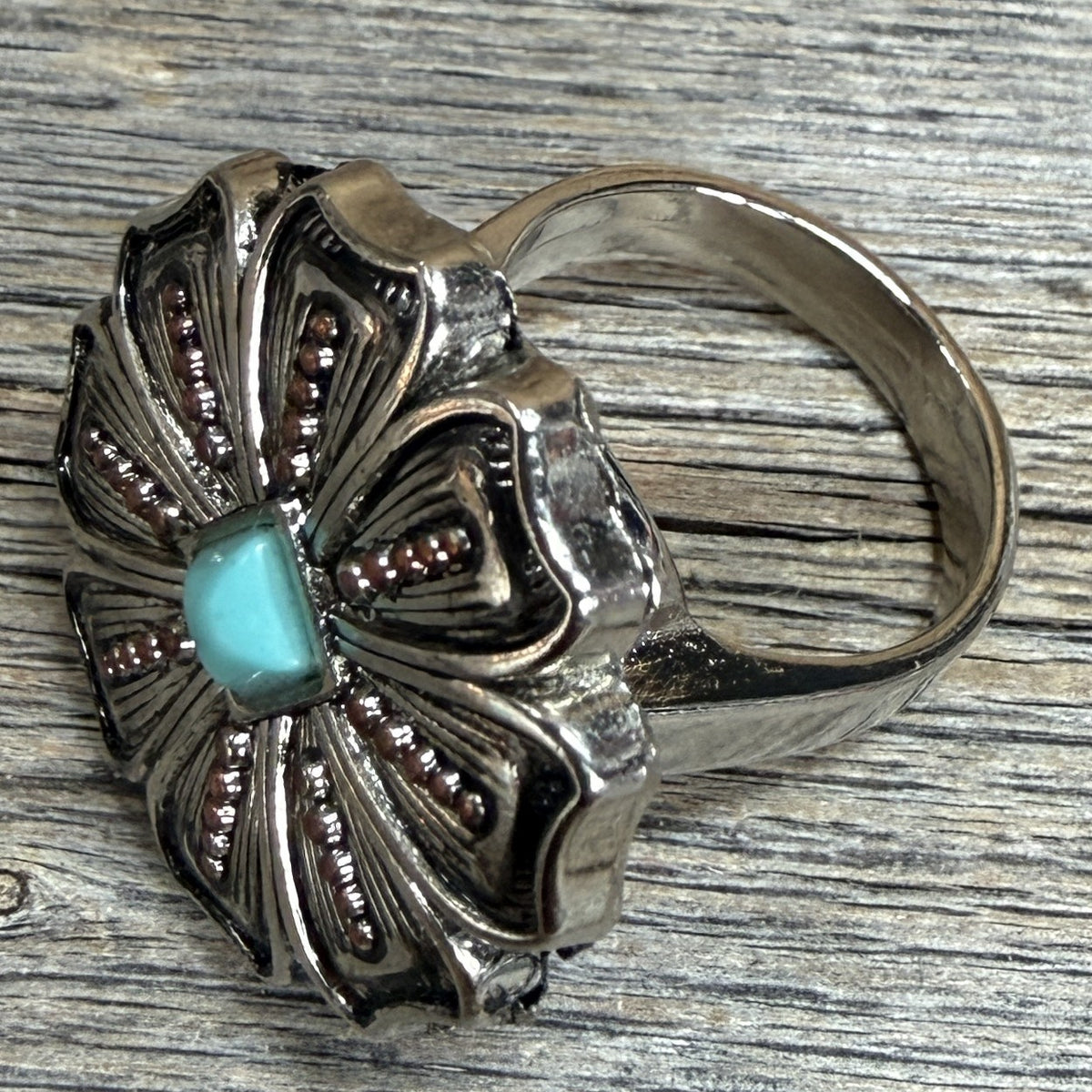 Antique Silver Flower with Copper Dots and Turquoise Western Concho Ring
