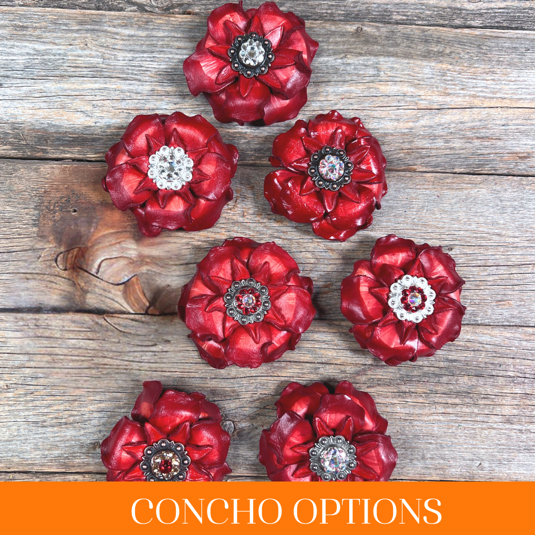 Red Gardenia Leather Flowers - 1" Crystal Conchos - Options