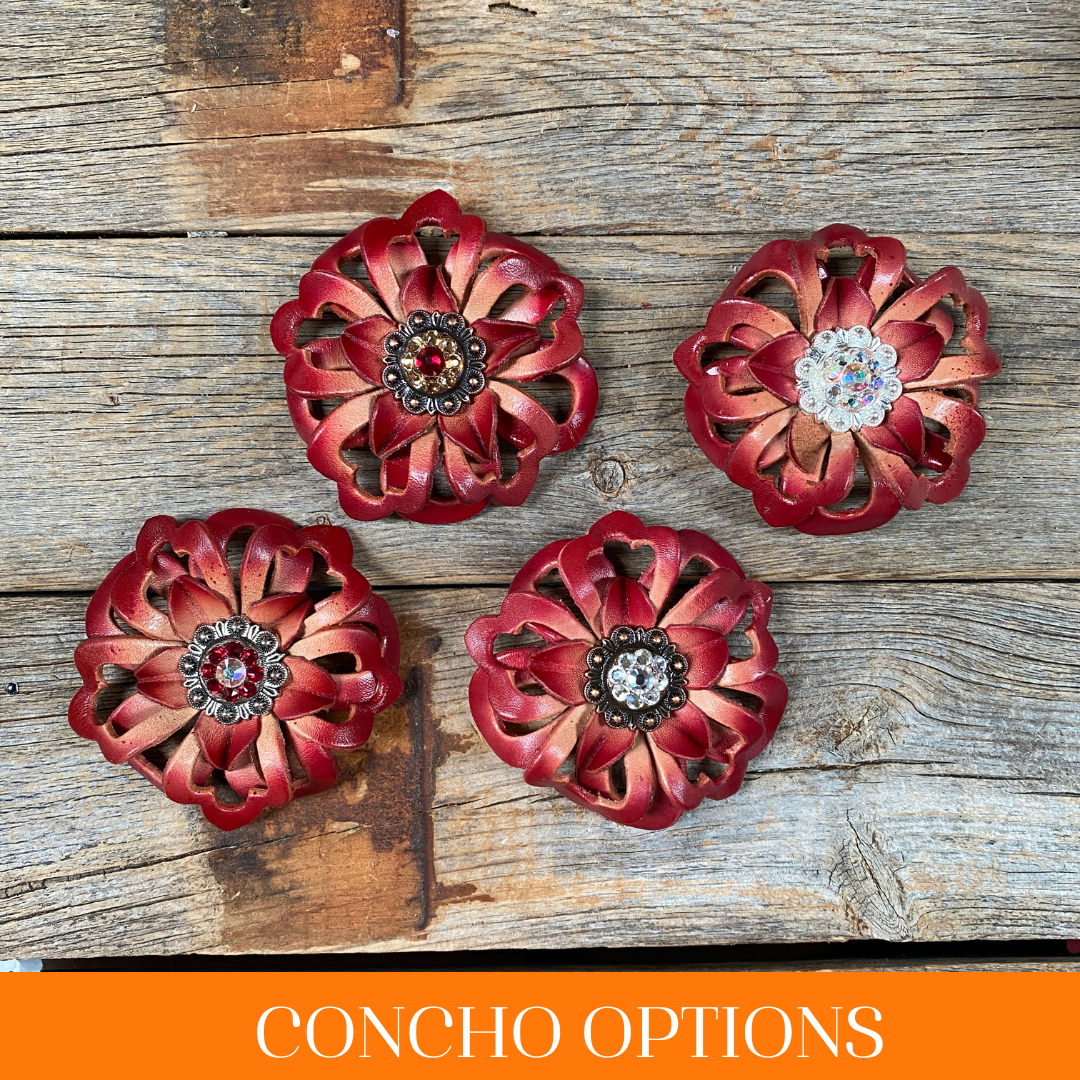 Red Lotus Leather Flowers - 1" Crystal Conchos - Options