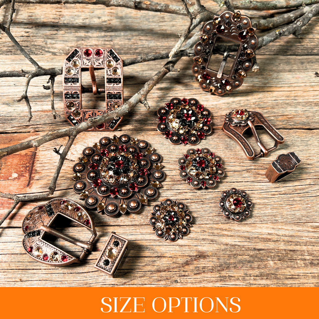 Copper Ruby - Jet - Champagne - Crystal Conchos Sizes from 1"-3" and Buckles