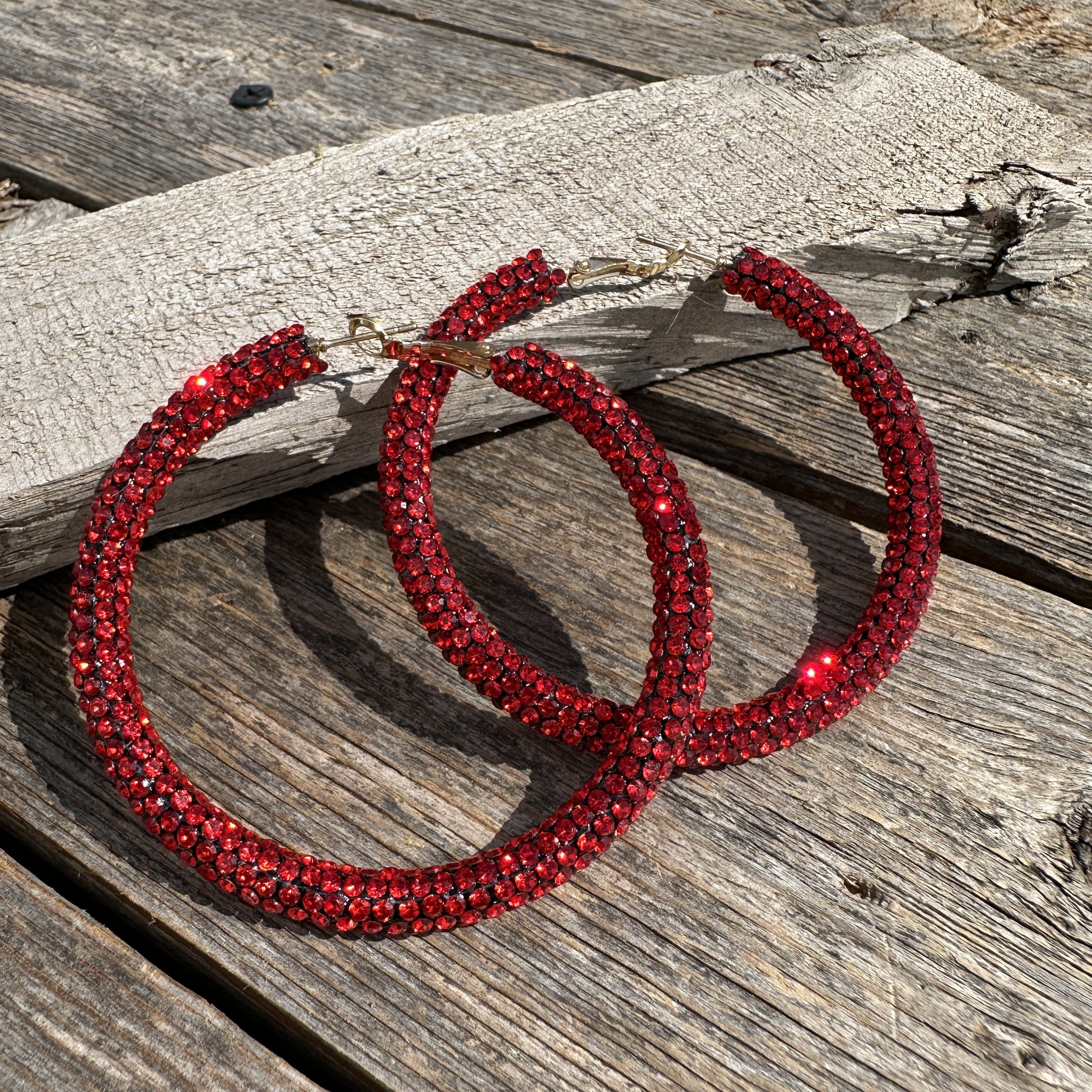 Red Bling Hoop Fashion Western Earrings-Rodeo Drive Conchos