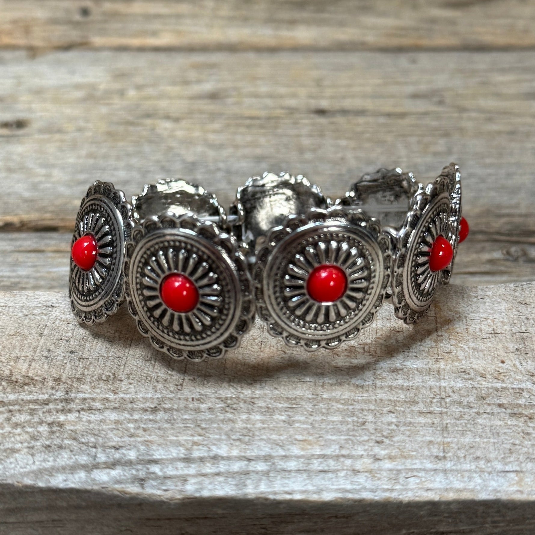 Red Rustic Silver Concho NFR Style Fashion Bracelets- Rodeo Drive Conchos