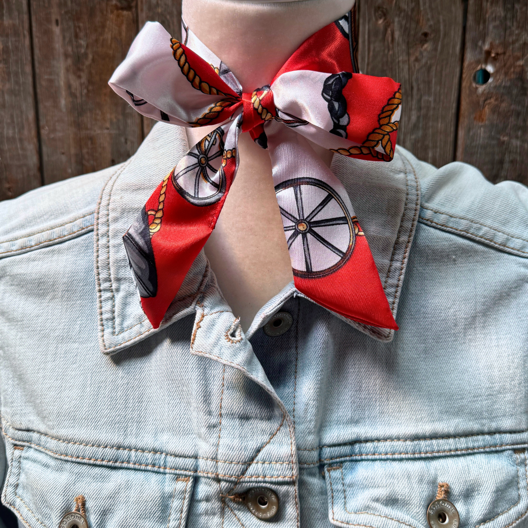 Red Wagon Wheels Wild_Rag_Scarf_for_Cowgirls_Rodeo_Drive_Conchos

