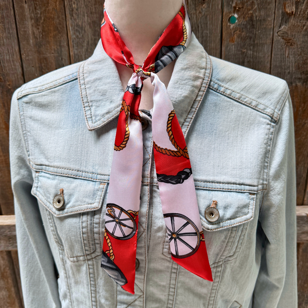 Red Wagon Wheels Wild_Rag_Scarf_for_NFR_Cowgirls_Rodeo_Drive_Conchos