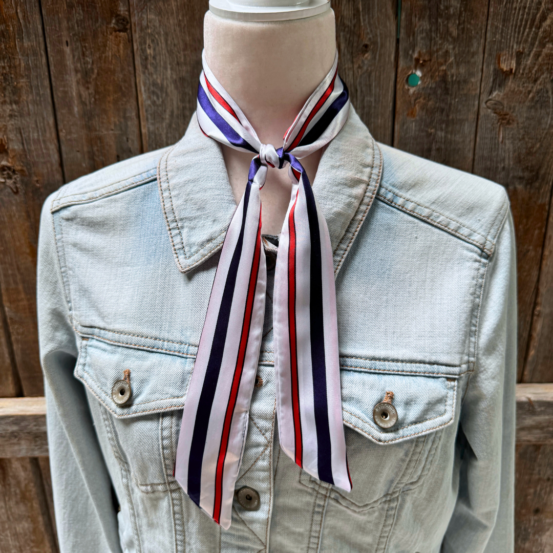 Red White and Blue Stripes Wild_Rag_Scarf_for_NFR_Cowgirls_Rodeo_Drive_Conchos