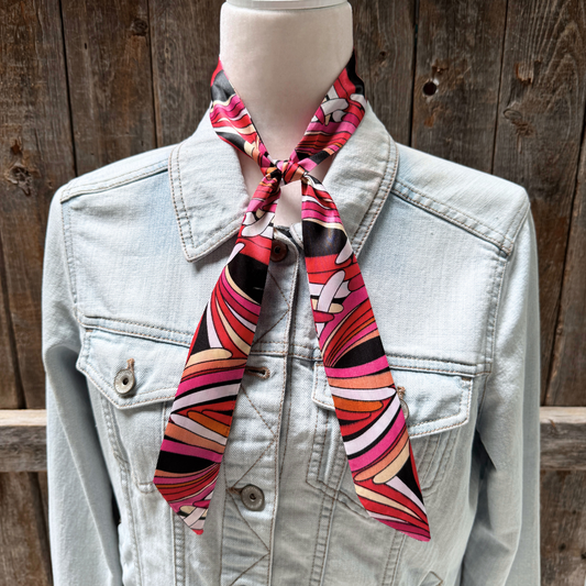 Red and Pinked Striped Wild_Rag_Scarf_for_NFR_Cowgirls_Rodeo_Drive_Conchos
