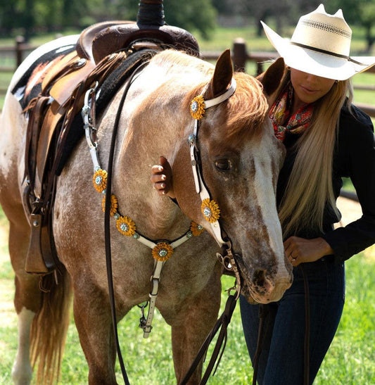 White Leather Turquoise Sunflower One Ear/ Breastcollar #OEBC551 - RODEO DRIVE