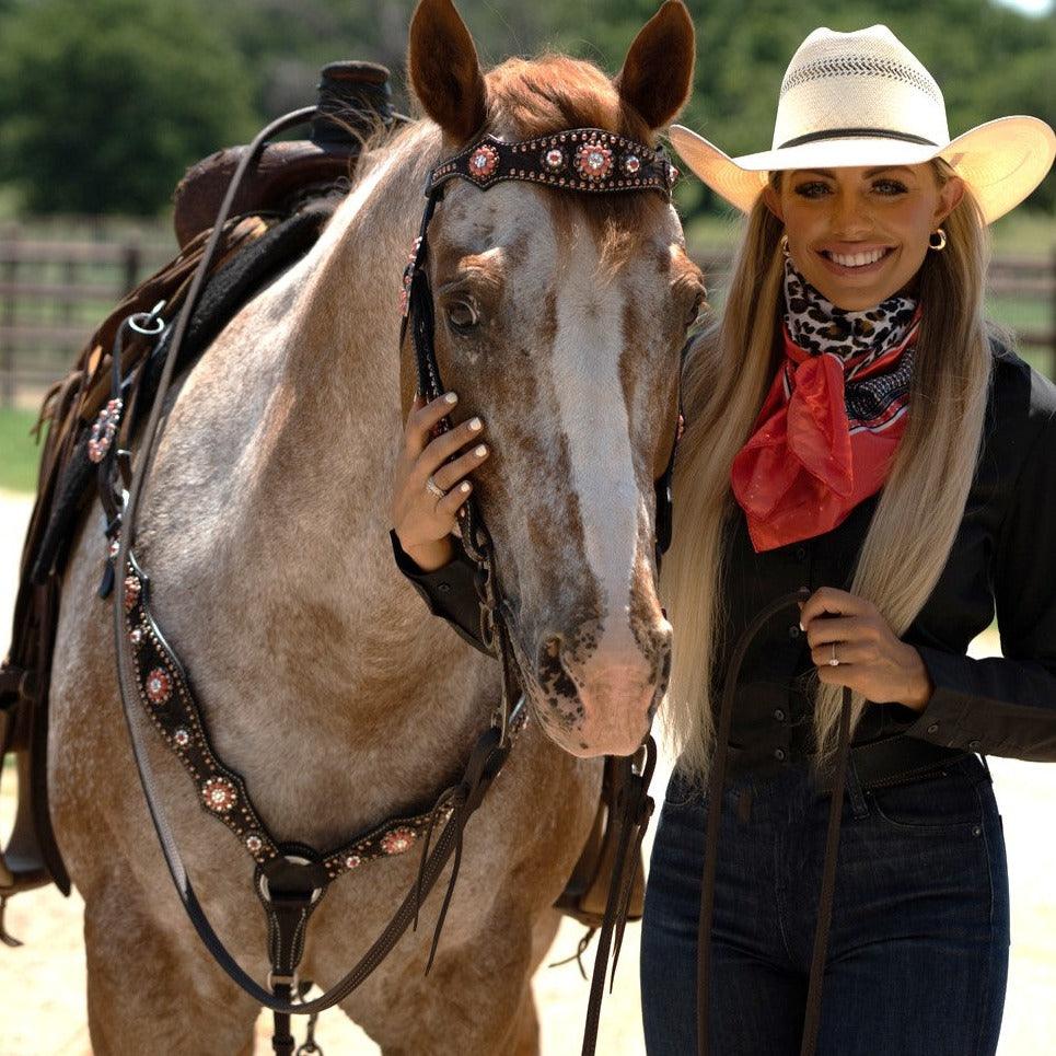 Dark Oil Floral Copper Dot Copper and Coral Browband / Breastcollar #BBBC547 - RODEO DRIVE