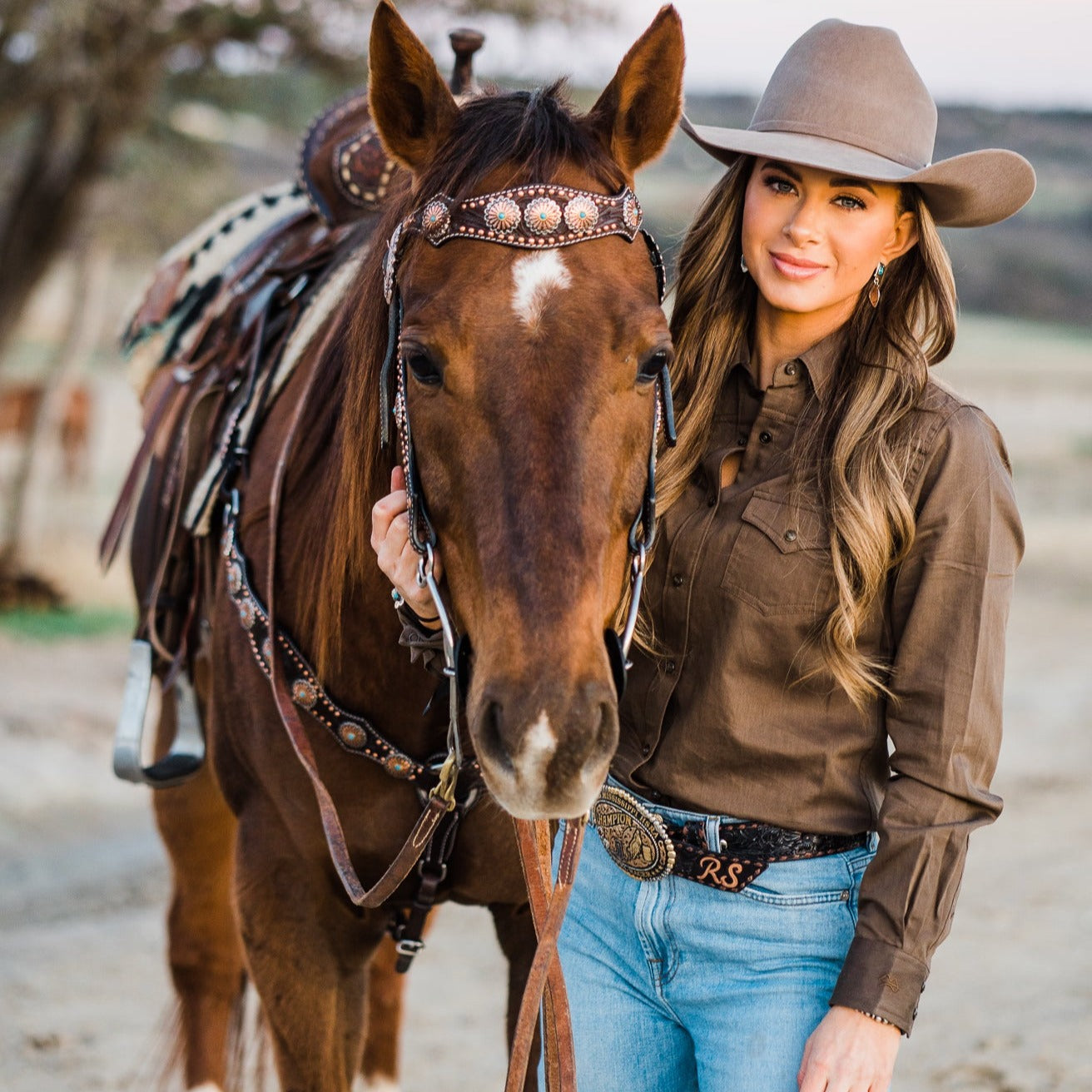 Dark Oil Floral Copper Dot & Turquoise Browband Headstall / Breastcollar Tack Set #BBBC535