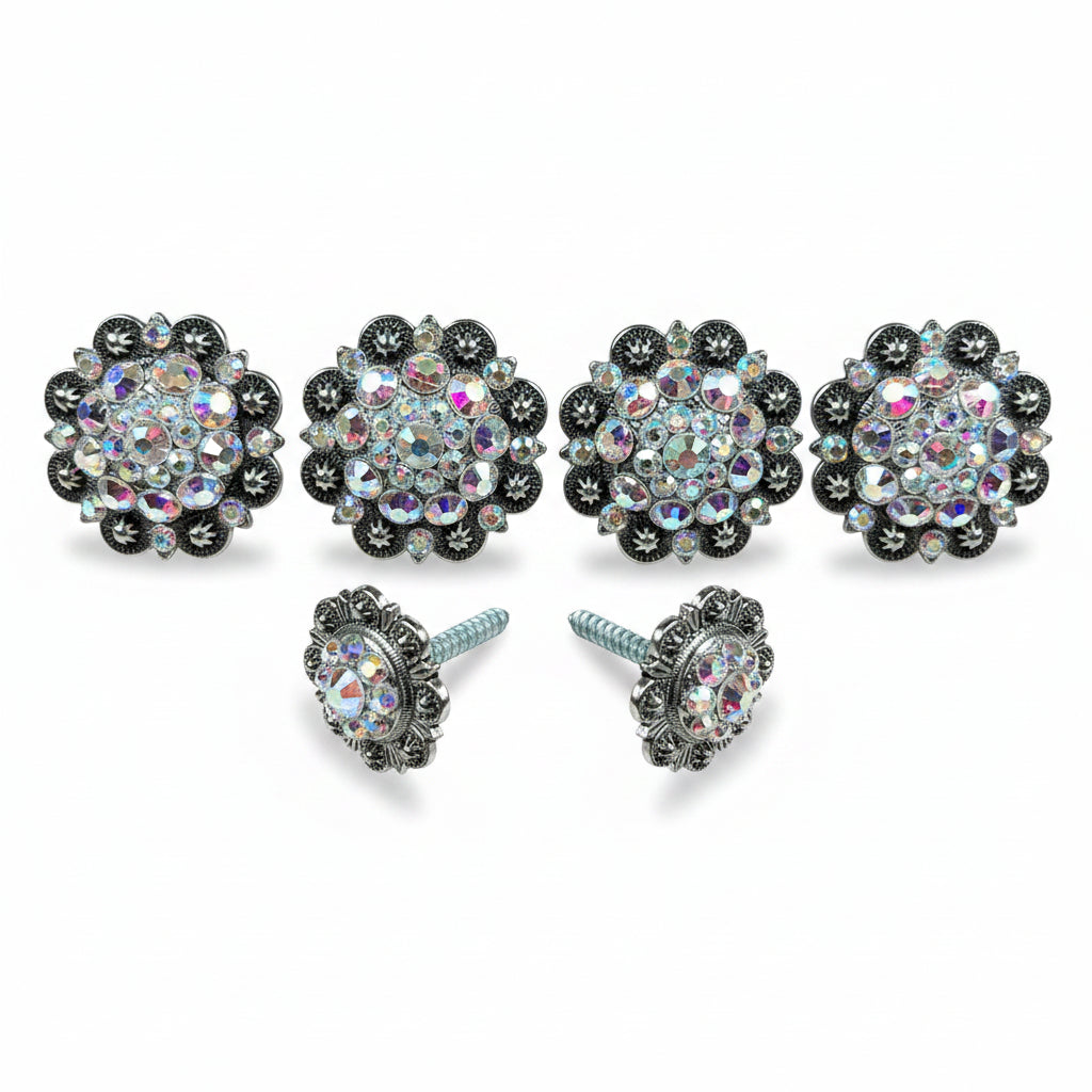 Antique Silver AB Crystal Conchos | Sizes 1"- 3" | Buckles | Saddle Set | Leather Rosettes | Slide