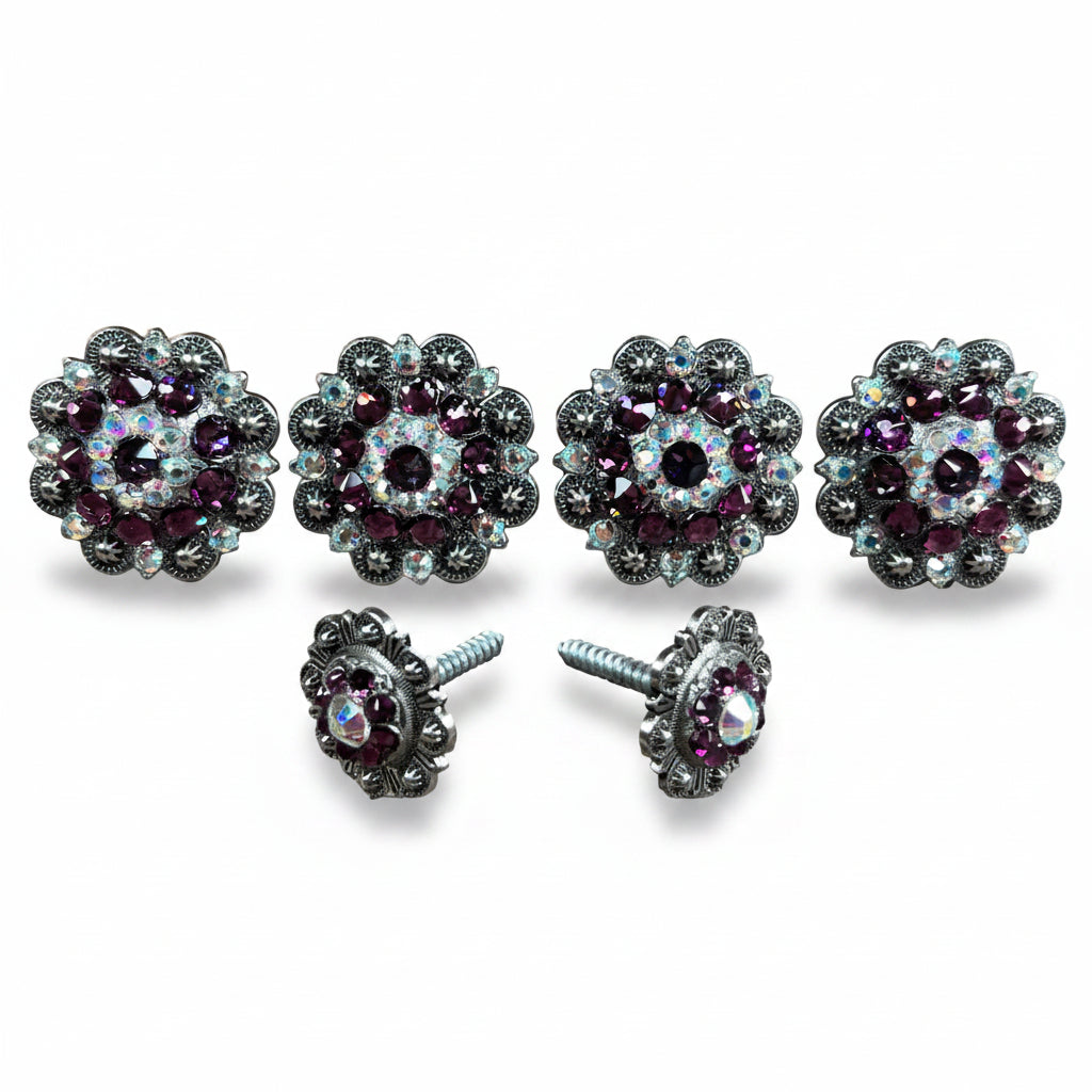 Antique Silver Amethyst - AB Crystal Conchos | Sizes 1"- 3" | Buckles | Saddle Set | Leather Rosettes | Slide