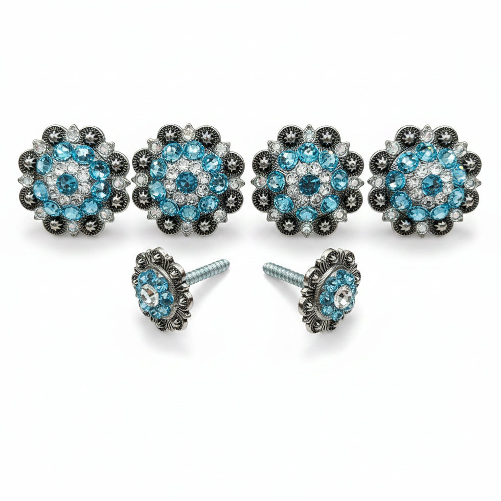 Antique Silver Aqua  - Clear Crystal Conchos | Sizes 1"- 3" | Buckles | Saddle Set | Leather Rosettes | Slide