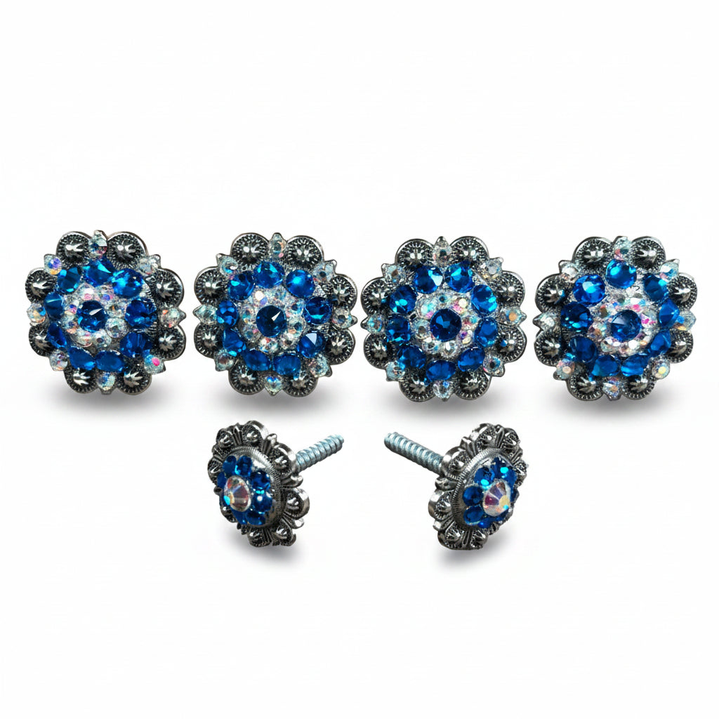Antique Silver Capri - AB Crystal Conchos | Sizes 1"- 3" | Buckles | Saddle Set | Leather Rosettes | Slide
