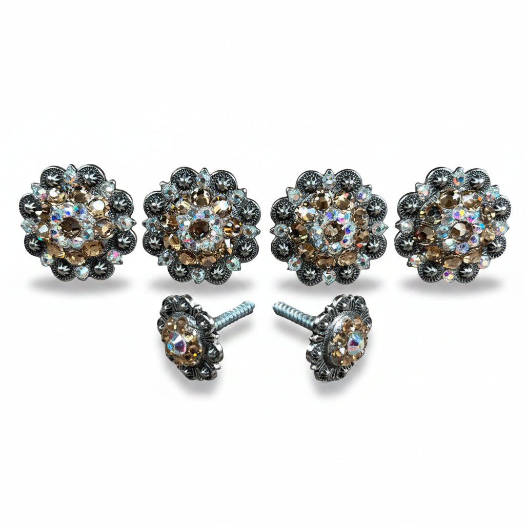 Antique Silver Champagne - AB Crystal Conchos | Sizes 1"- 3" | Buckles | Saddle Set | Leather Rosettes | Slide