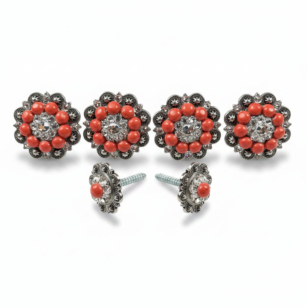 Antique Silver Coral - Clear Crystal Conchos | Sizes 1"- 3" | Buckles | Saddle Set | Leather Rosettes | Slide