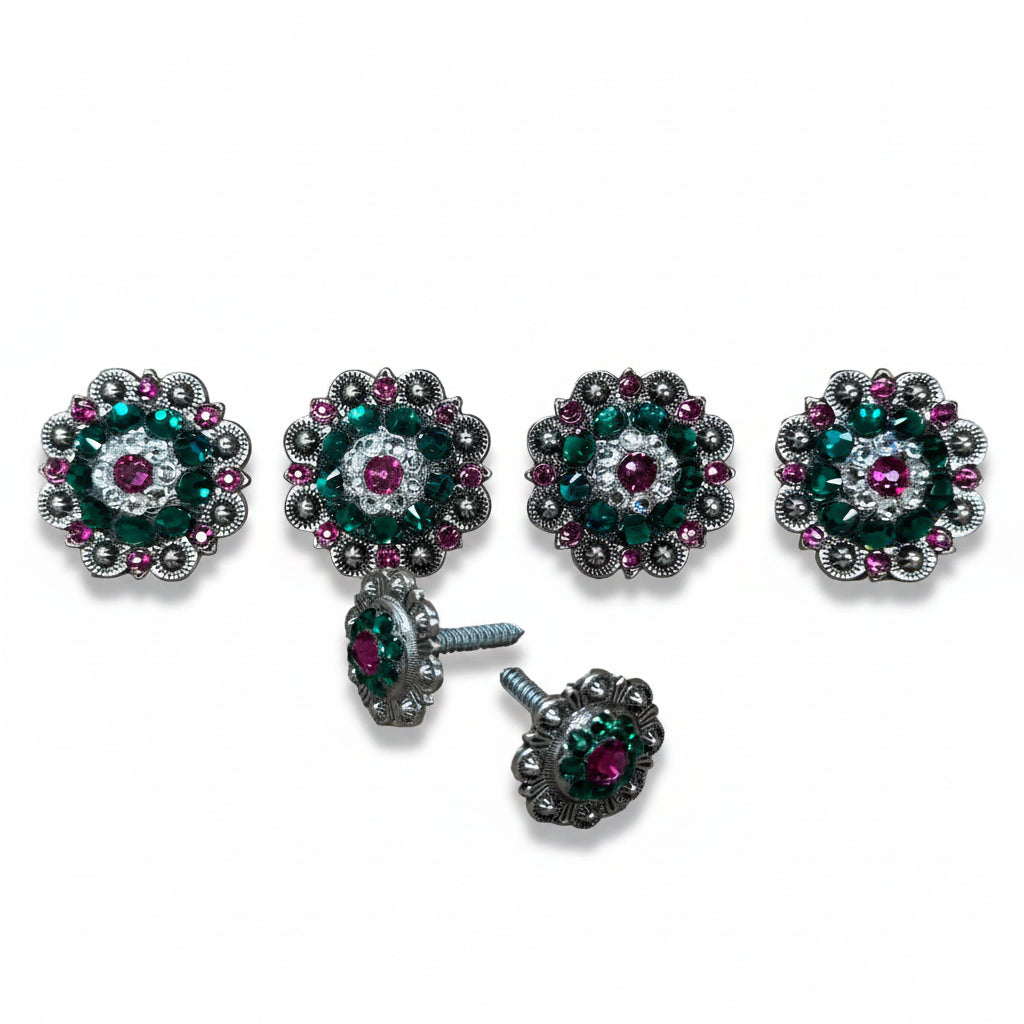 Antique Silver Fuchsia - Clear - Emerald  Crystal Conchos | Sizes 1"- 3" | Buckles | Saddle Set | Leather Rosettes | Slide