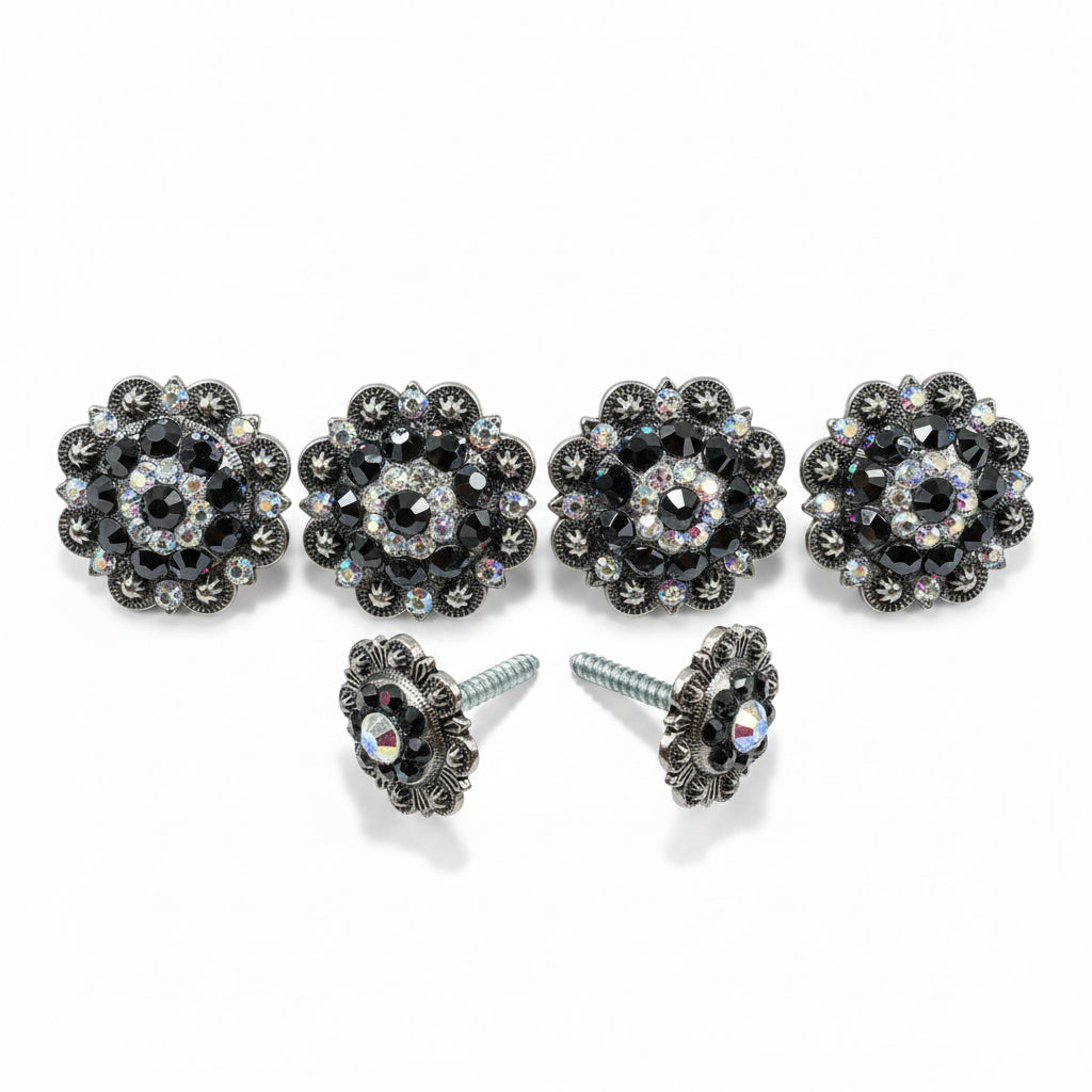 Antique Silver Jet - AB Crystal Conchos | Sizes 1"- 3" | Buckles | Saddle Set | Leather Rosettes | Slide