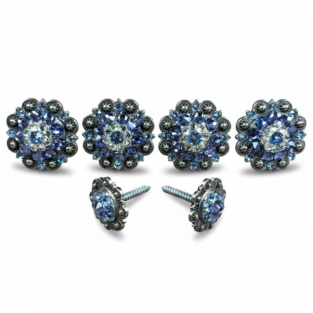 Antique Silver Light Sapphire - Clear - Lilac Crystal Conchos | Sizes 1"- 3" | Buckles | Saddle Set | Leather Rosettes | Slide